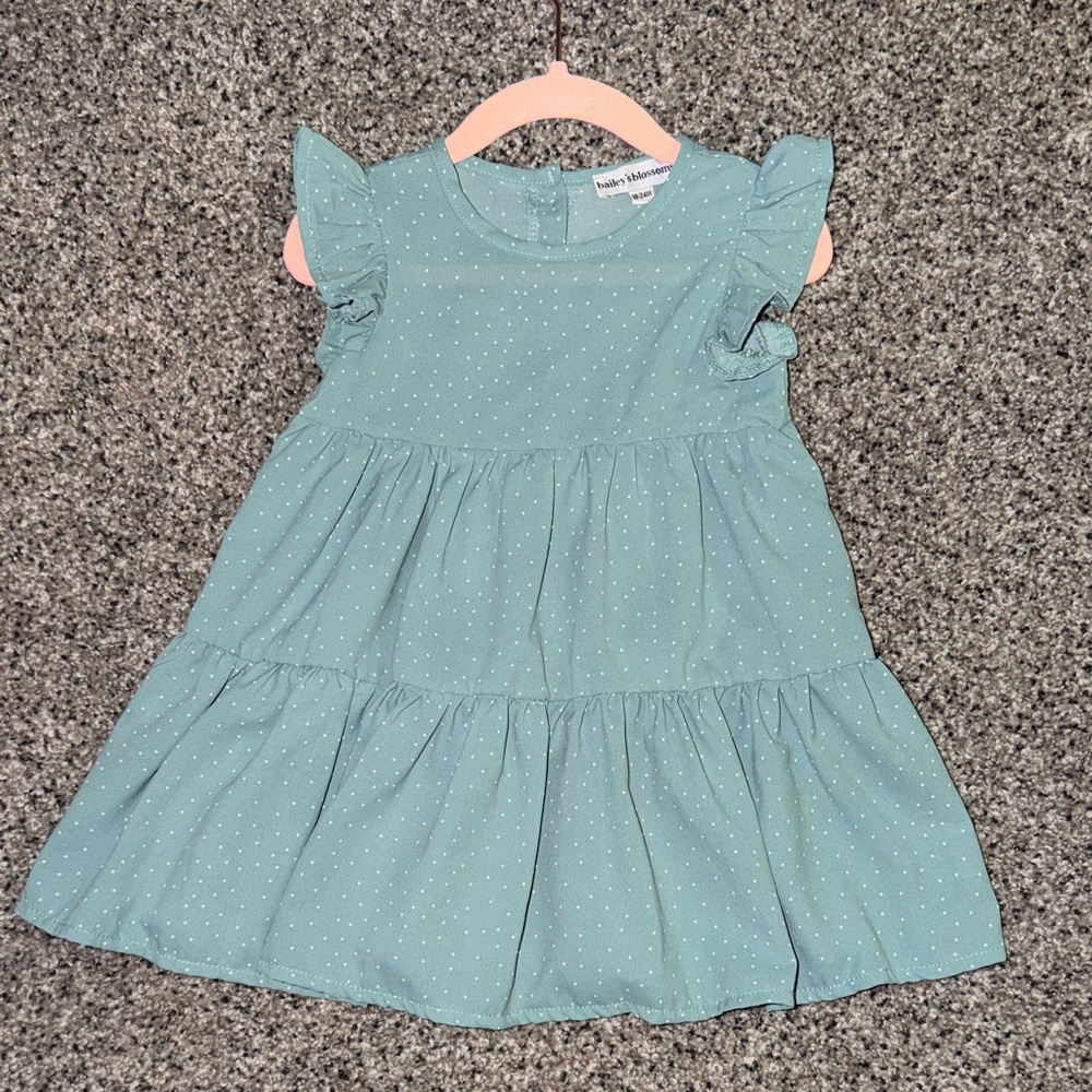 Toddler Sage Green Polka Dot Tiered Dress with Ruffle Sleeves